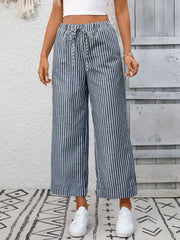 Navy blue striped wide leg pants with drawstring waist and pockets