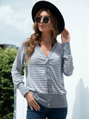 Button-front striped cardigan with ribbed trim and cuffs in cloudy blue.