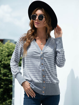 Button-front striped cardigan with ribbed trim and cuffs in cloudy blue.