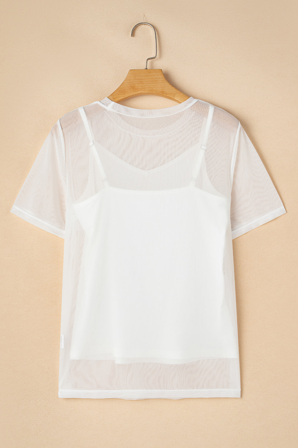 White sheer overlay tee with cami set, short sleeves, V-neck cami.