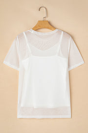 White sheer overlay tee with cami set, short sleeves, V-neck cami.