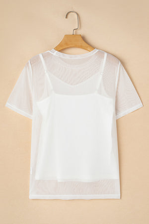 White sheer overlay tee with cami set, short sleeves, V-neck cami.