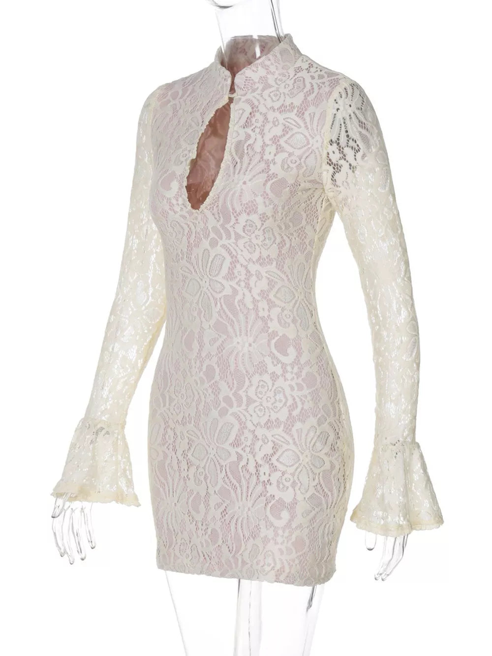 White lace cutout mini dress with flared sleeves and high neckline.