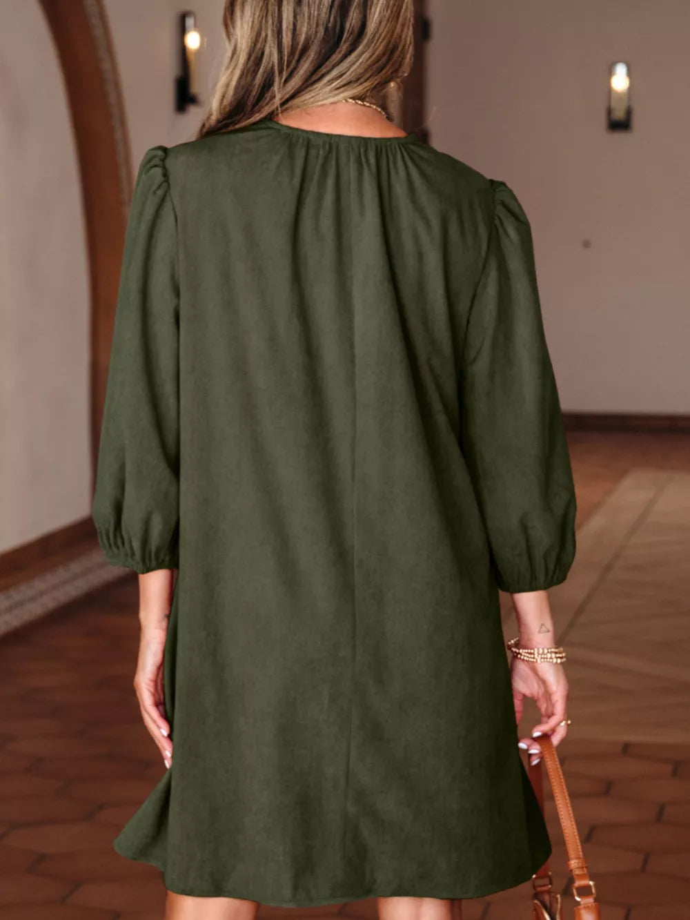 Scalloped V-neck mini dress in olive green polyester with balloon sleeves and A-line cut.