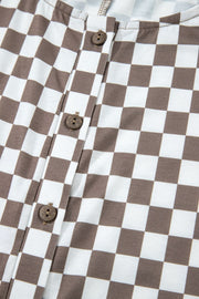 Checkered palazzo jumpsuit in mocha with button detail and cap sleeves.