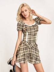 Plaid puff sleeve two-piece set with lace trim and tiered skirt.