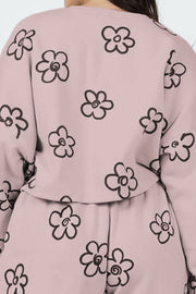 Dusty Pink cropped lounge set with black drawn floral print