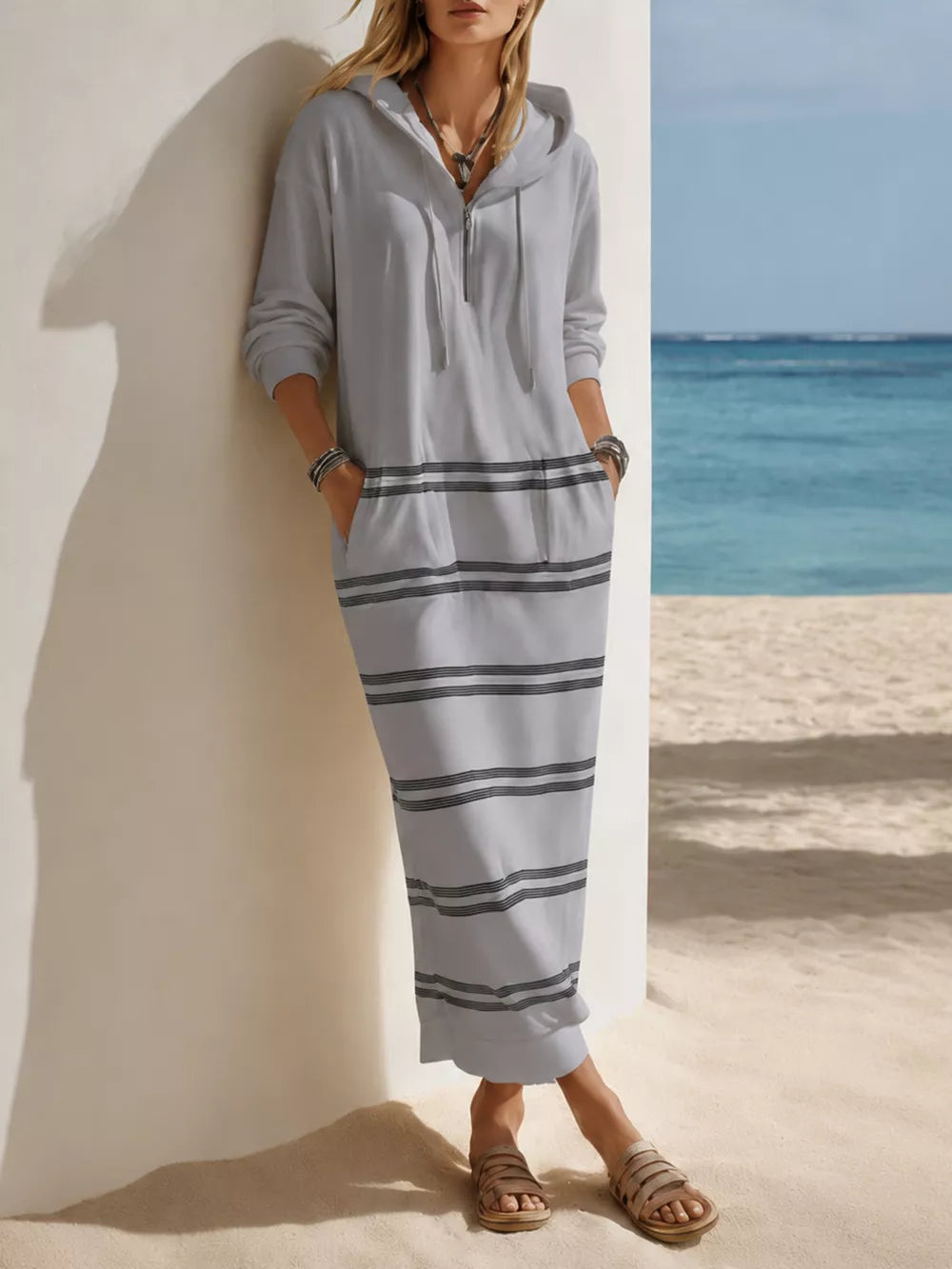 Casual Striped Drawstring Hooded Dress in White, close-up detail