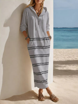Casual Striped Drawstring Hooded Dress in White, close-up detail