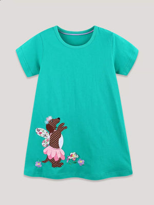 Teal cotton toddler dress with embroidered fairy dog design and floral accents.