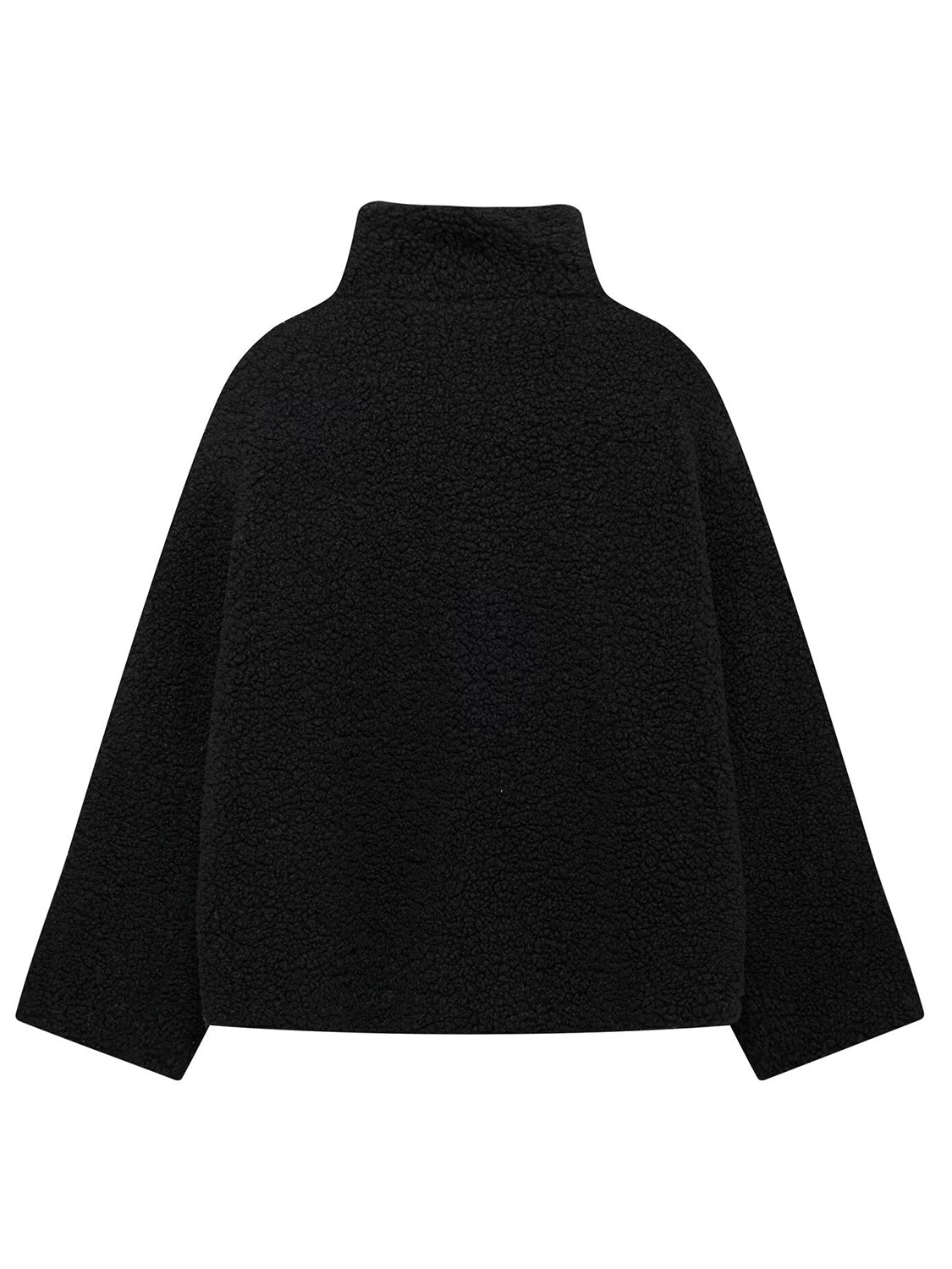Black teddy fleece zip-up jacket with mock neck and contrast piping detail.