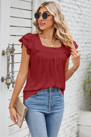 Rust eyelet flutter sleeve square neck blouse with gathered detail