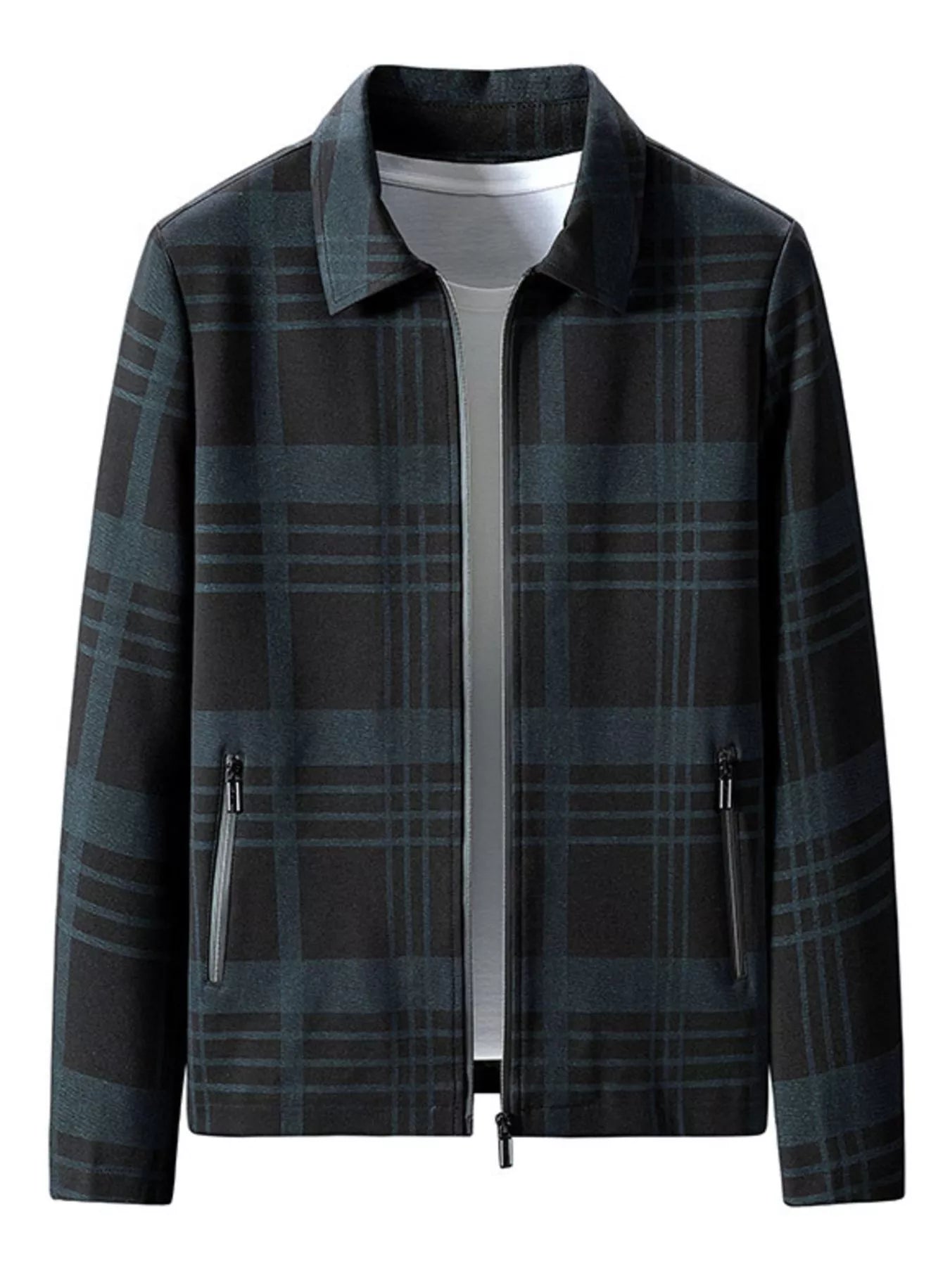 Men's plaid zip-up jacket in blue and black with zippered pockets.