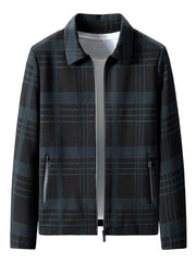 Men's plaid zip-up jacket in blue and black with zippered pockets.