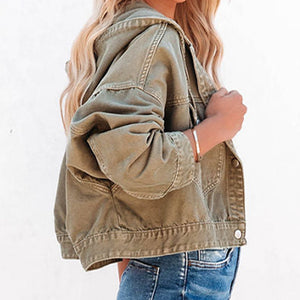 Utility denim hoodie in olive green with button details and drawstring hood.