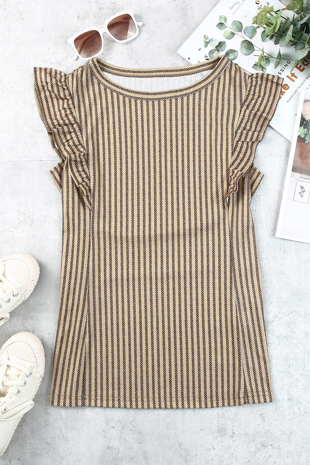Textured stripe cap sleeve top in khaki with ruffled sleeves and crew neck.