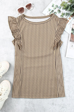 Textured stripe cap sleeve top in khaki with ruffled sleeves and crew neck.