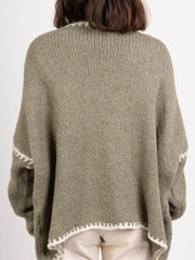 Sage oversized knit cardigan with contrast trim detail on sleeves and hem.