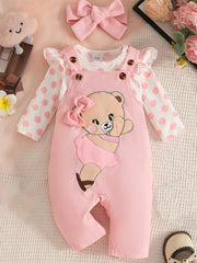 Pink corduroy baby romper with bear applique and polka dot bodysuit, includes headband.