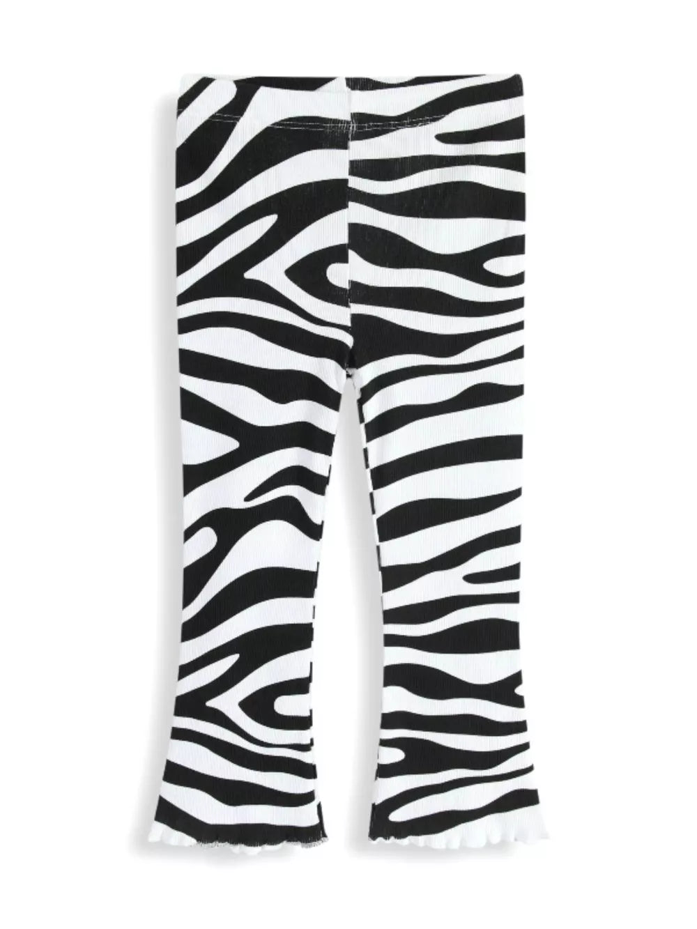 Baby girls' black and white zebra print flare pants with ruffled hems.