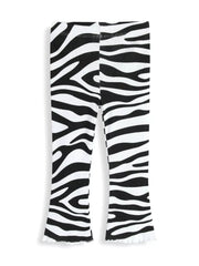 Baby girls' black and white zebra print flare pants with ruffled hems.