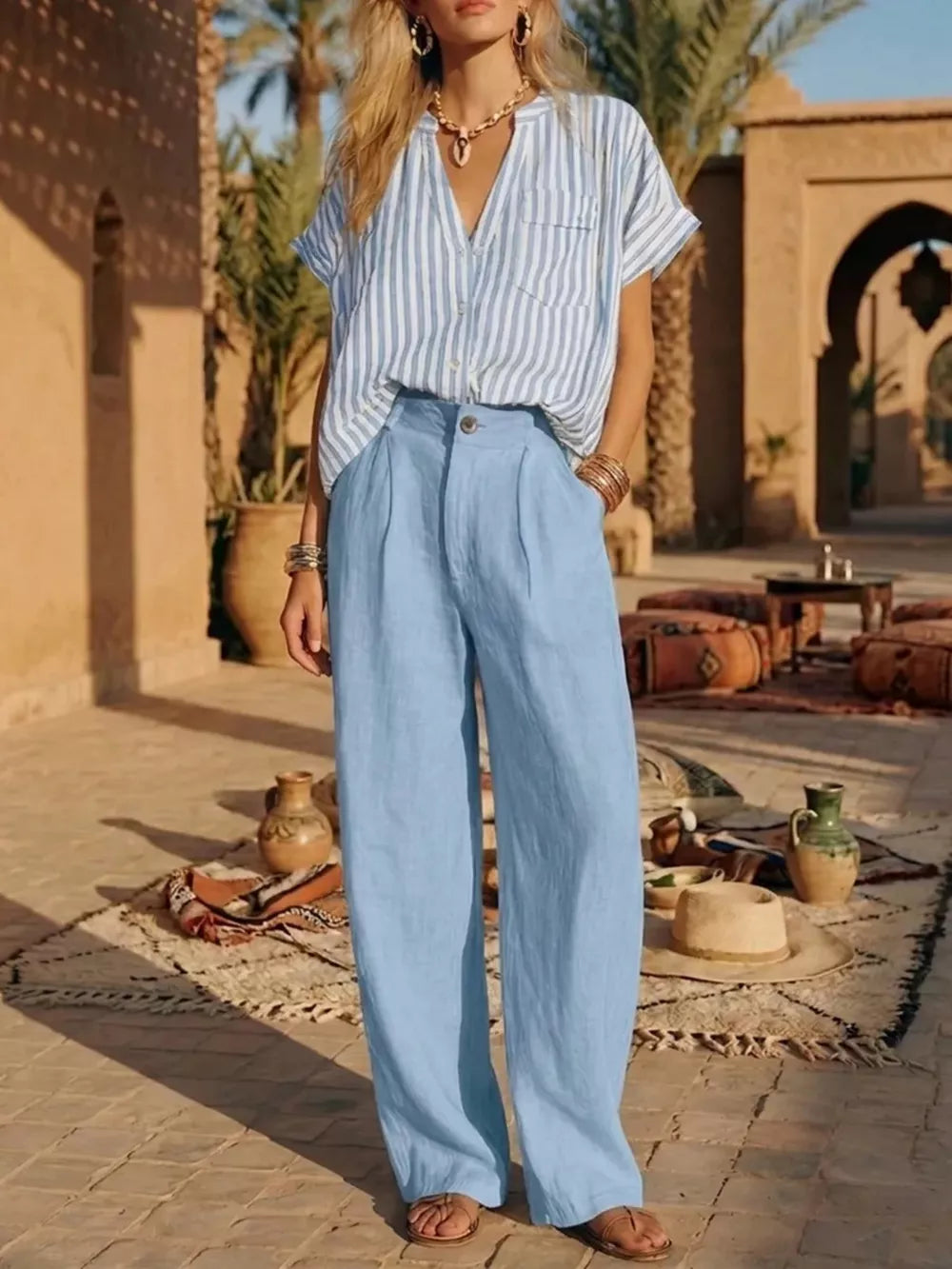 Full Size Striped Button Up Shirt And Pants Set Plus Size, back view