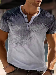 Ombre henley shirt with textured print and buttoned placket.