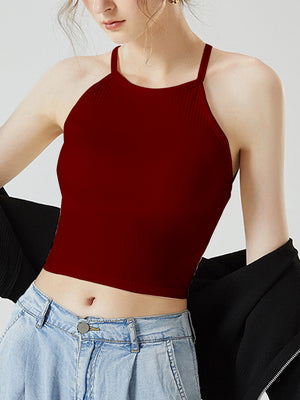 Burgundy ribbed racerback crop top with halter neckline and keyhole back detail.