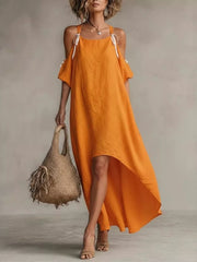 High-low Cold Shoulder Maxi Dress in White, front view