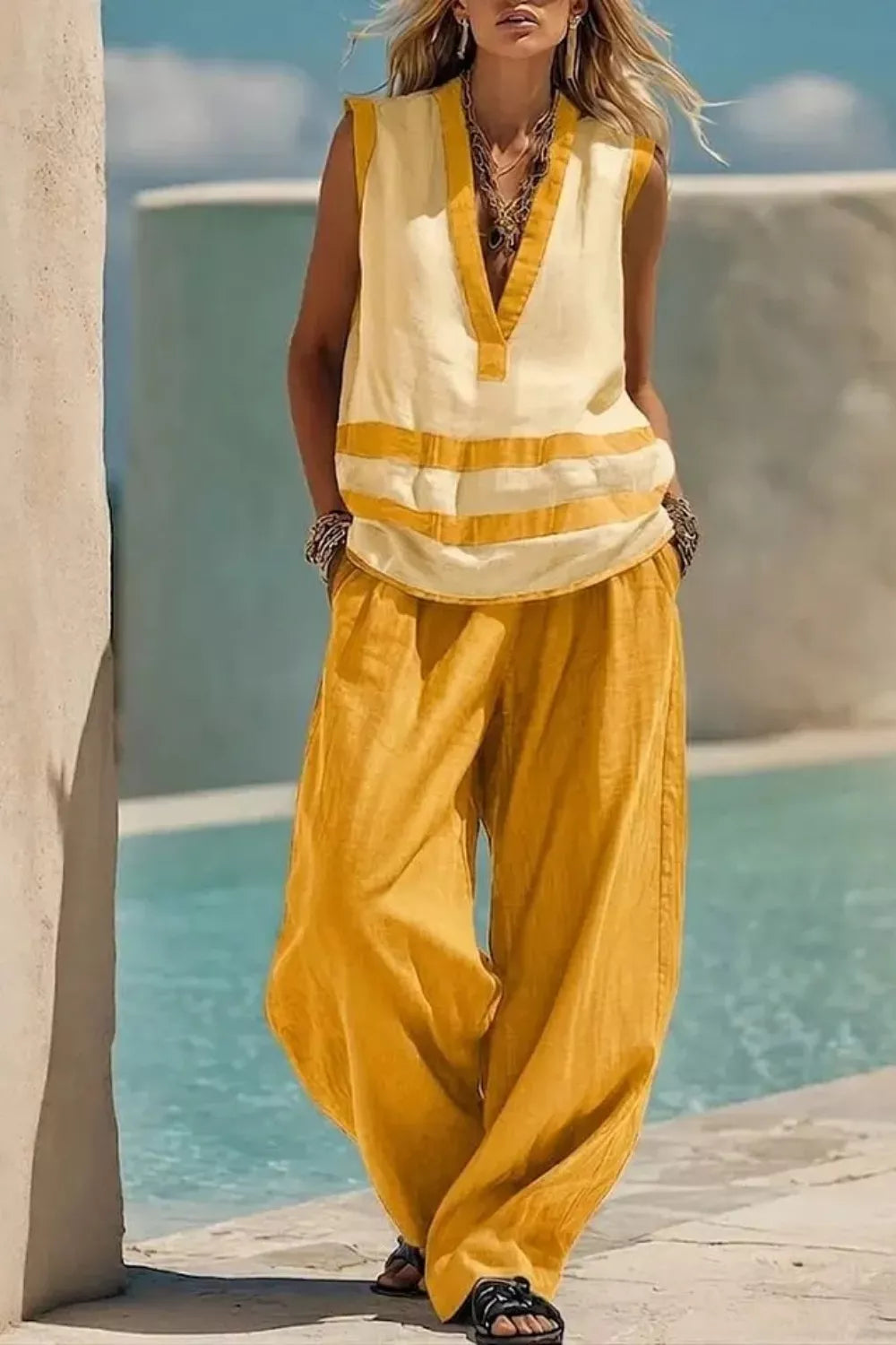 Gold v-neck striped sleeveless top and flowy wide-leg pants set