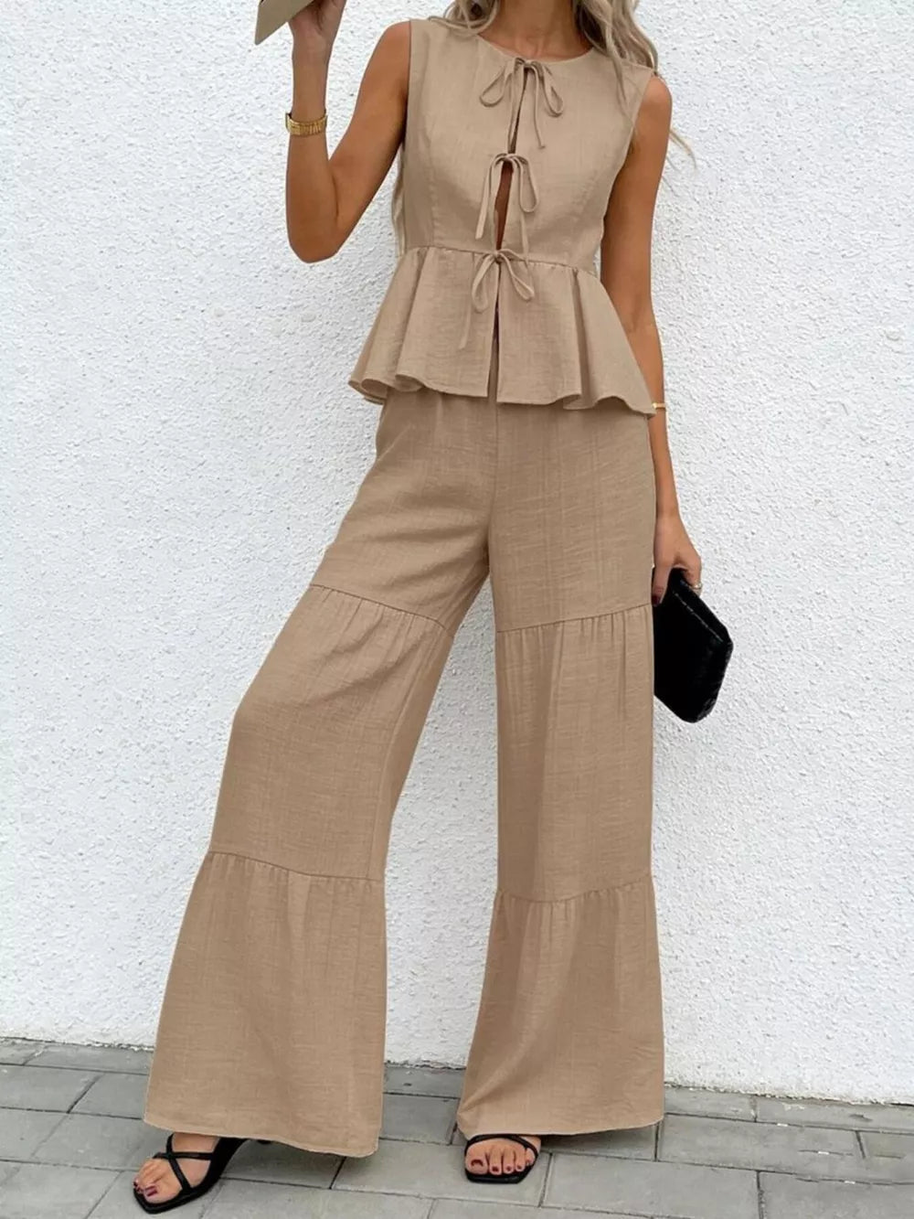Camel tie-front ruffled peplum top with tiered wide-leg pants set