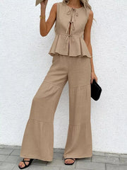 Camel tie-front ruffled peplum top with tiered wide-leg pants set