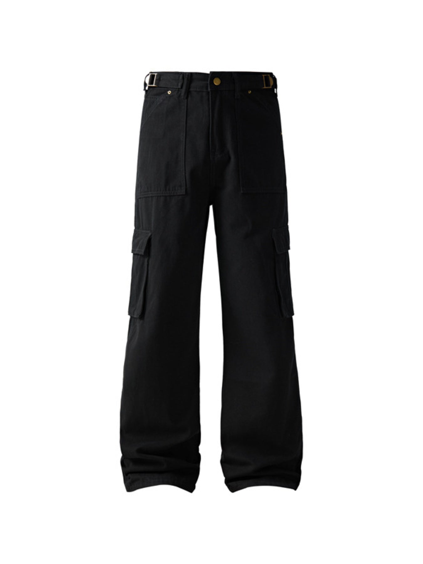 Black relaxed fit cargo pants with multiple pockets and D-ring detail.