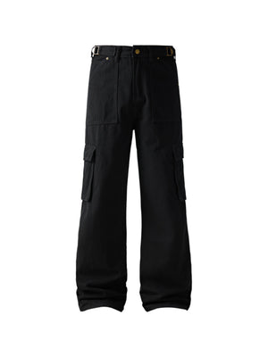 Black relaxed fit cargo pants with multiple pockets and D-ring detail.