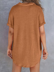 Waffle-knit collared shirt in camel with short sleeves and button detail.
