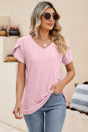 Blush pink eyelet sleeve detail v-neck top with breathable fabric.