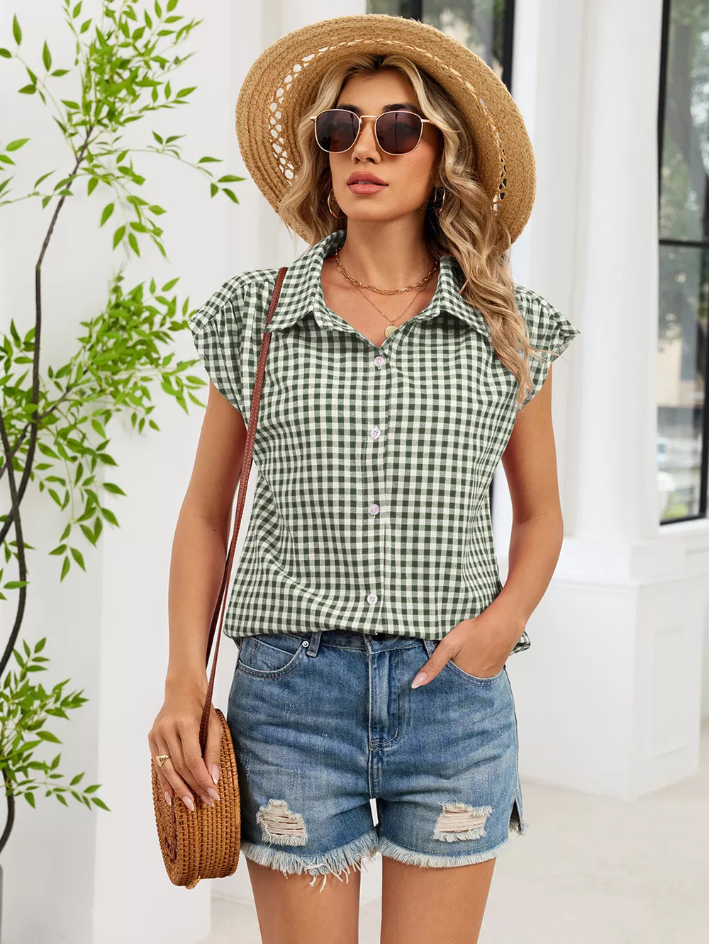 Plaid Button Up Cap Sleeve Shirt, close-up detail
