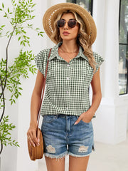 Plaid Button Up Cap Sleeve Shirt, close-up detail