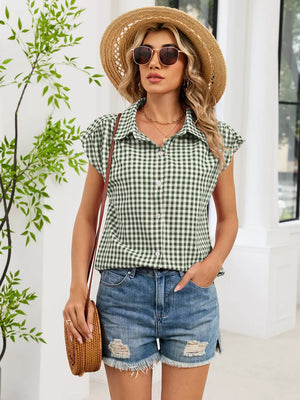 Plaid Button Up Cap Sleeve Shirt, close-up detail