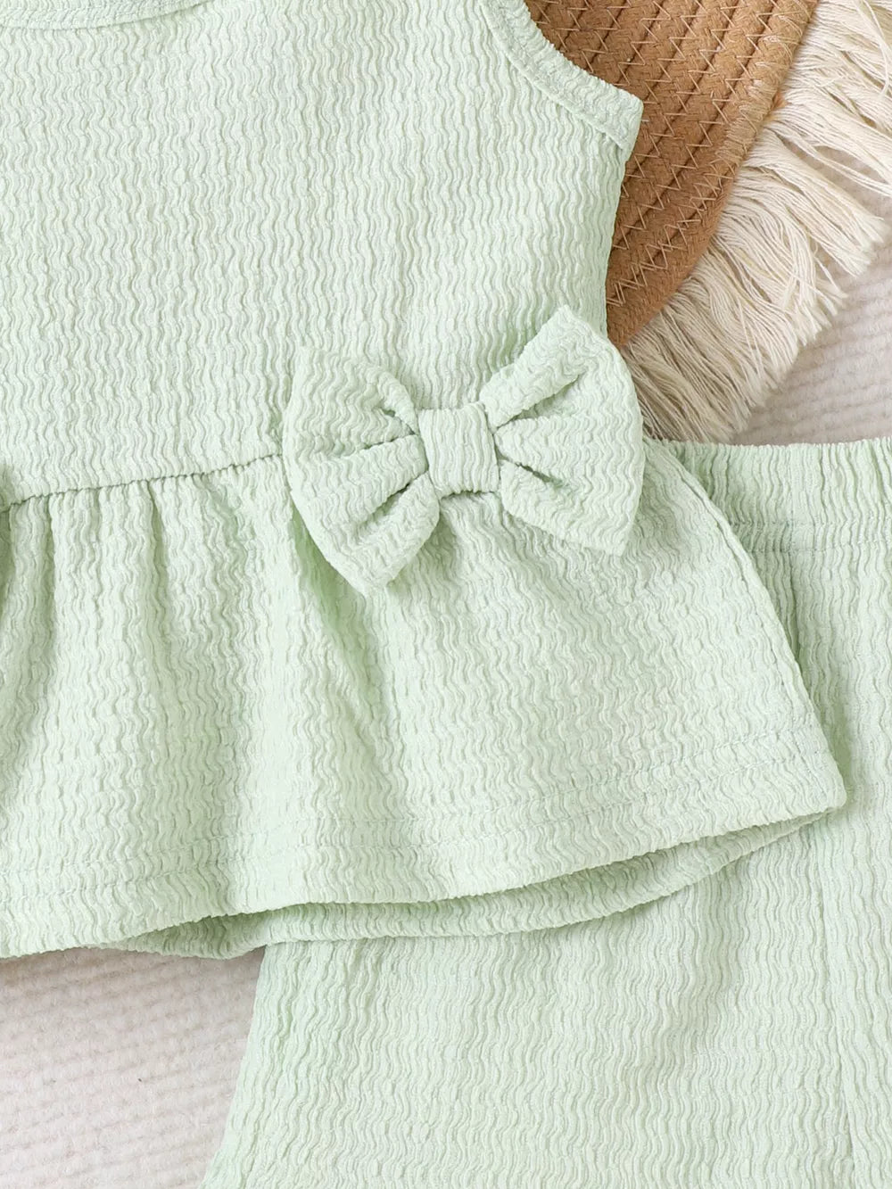 Children's Bow Tank And Shorts Set in Light Green, model styling view