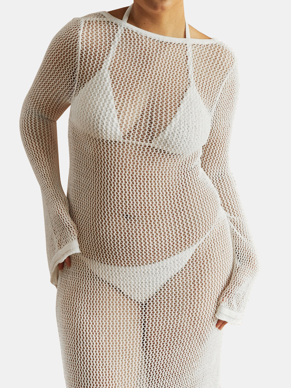 White open-knit maxi cover-up dress with long sleeves and a boat neckline.