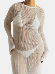 White open-knit maxi cover-up dress with long sleeves and a boat neckline.