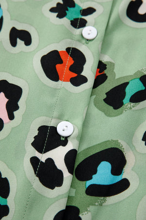 Sage leopard print resort shirt with white buttons and collar detail