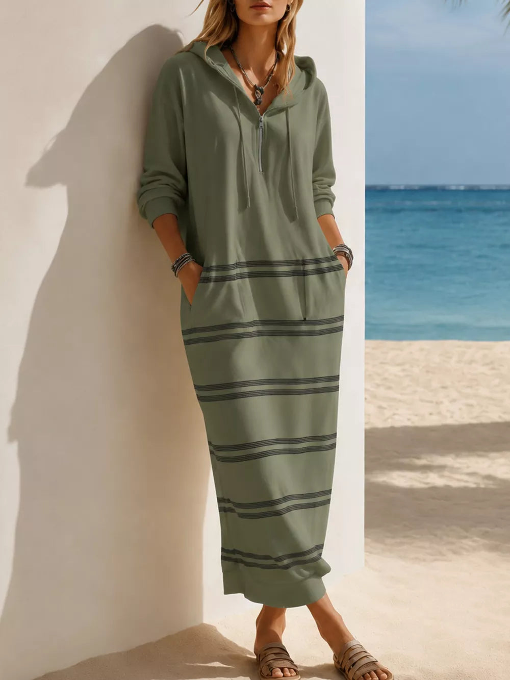 Casual Striped Drawstring Hooded Dress in White, fabric detail