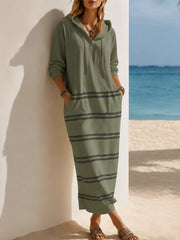 Casual Striped Drawstring Hooded Dress in White, fabric detail