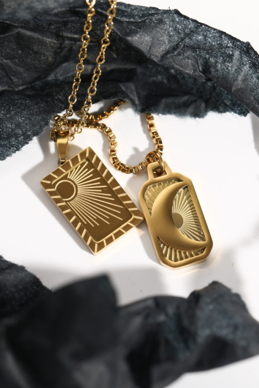 18K gold-plated necklaces with sun and moon charms, celestial design