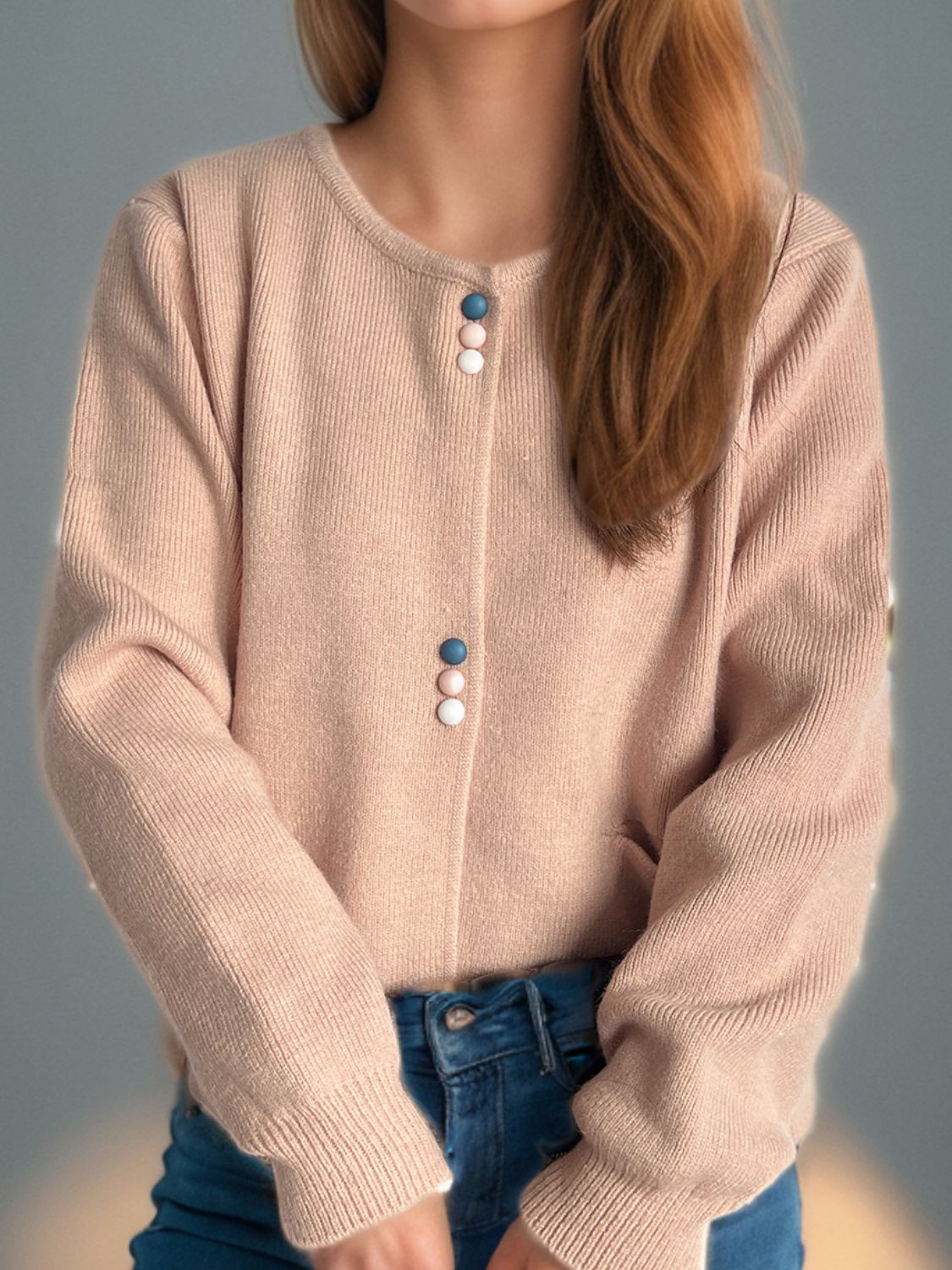 Dusty Pink ribbed knit button-up cardigan with colorful buttons