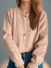 Dusty Pink ribbed knit button-up cardigan with colorful buttons