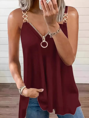 Burgundy camisole with chain straps and a zipper detail.