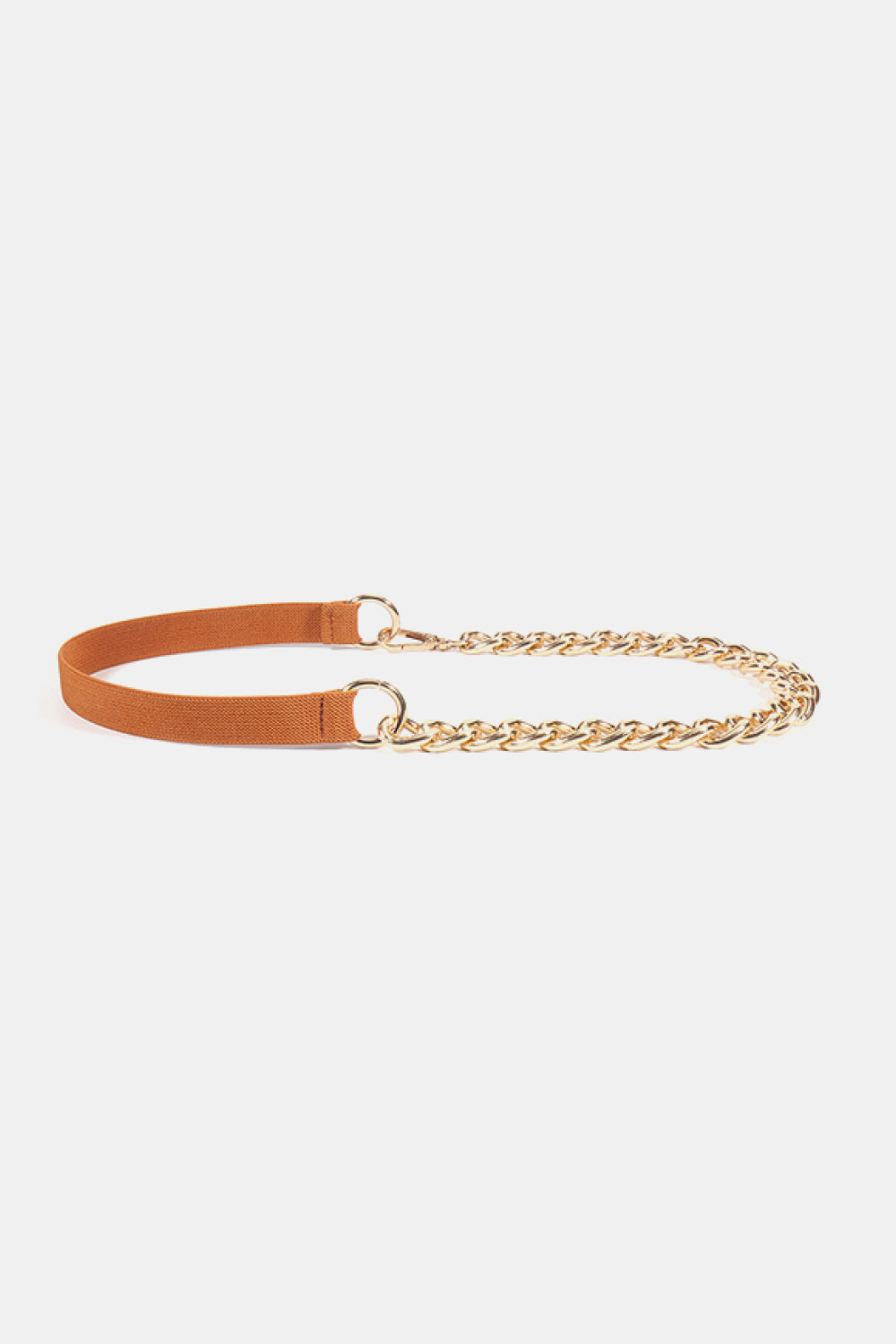 Brown elastic waist belt with gold chain detail and gold hardware